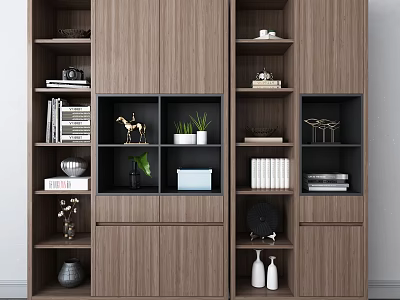 Modern Wooden Shelving Unit With Open Storage Shelves And Decorative Display Items 3d model