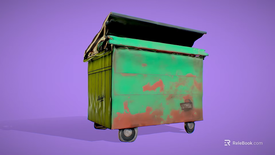 Green Rusty Wheeled Dumpster With Open Lid And Weathered Metal Surface 3d model