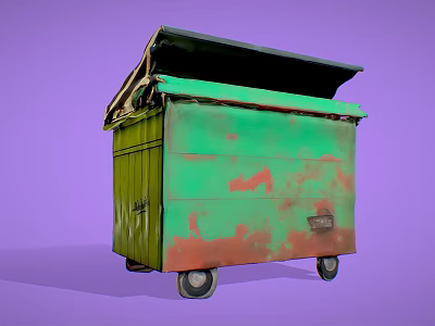 Green Rusty Wheeled Dumpster With Open Lid And Weathered Metal Surface 3d model