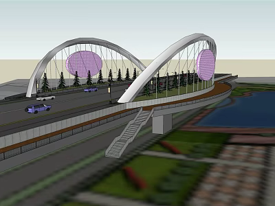 Double Arched White Bridge Structure With Road Vehicles Trees And Purple Circular Decorations 3d model