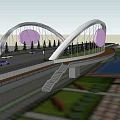 Double Arched White Bridge Structure With Road Vehicles Trees And Purple Circular Decorations 3d model