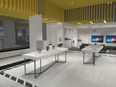 Modern Showroom Interior With White Tables TV Screens Sofa And Yellow Ceiling 3d model
