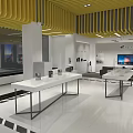 Modern Showroom Interior With White Tables TV Screens Sofa And Yellow Ceiling
