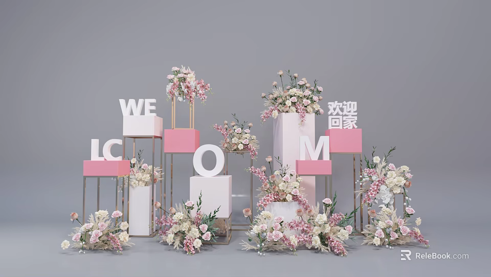 Event Entrance With Pink White Flowers Welcome Home Letter Decorations And Cube Structures 3d model 