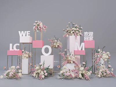 Event Entrance With Pink White Flowers Welcome Home Letter Decorations And Cube Structures 3d model