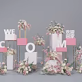 Event Entrance With Pink White Flowers Welcome Home Letter Decorations And Cube Structures