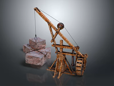 Vintage Wooden Crane With Wheel Mechanism Lifting Bundled Stones 3d model