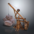 Vintage Wooden Crane With Wheel Mechanism Lifting Bundled Stones