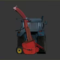 Blue Farm Tractor Pulling Red Agricultural Implement For Field Work