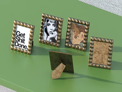 Gold Riveted Edge Photo Frames With Photos On Green Tabletop 3d model