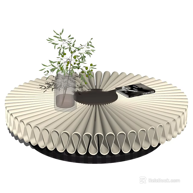 Round Wavy Coffee Table With Beige Surface Black Base Clear Vase Green Plant And Magazine 3d model 