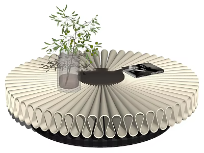 Round Wavy Coffee Table With Beige Surface Black Base Clear Vase Green Plant And Magazine 3d model