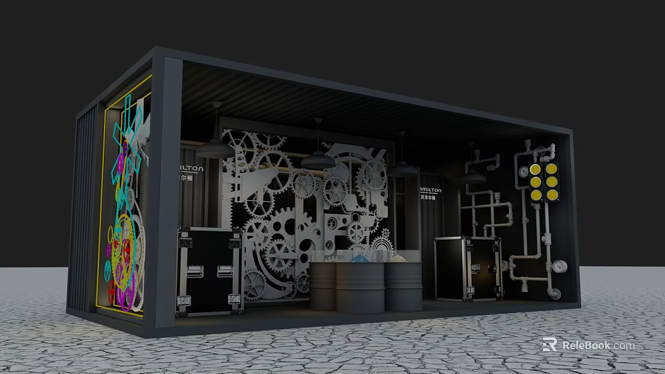 Creative Container Studio Interior With Gear Decorations Colorful Graffiti Black Lockers And Cracked Floor 3d model 