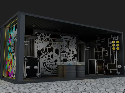 Creative Container Studio Interior With Gear Decorations Colorful Graffiti Black Lockers And Cracked Floor 3d model