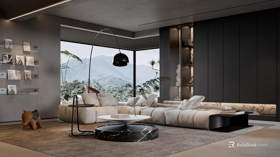 Modern Living Room With Beige Sofa Marble Coffee Table Mountain View And Large Windows 3d model 