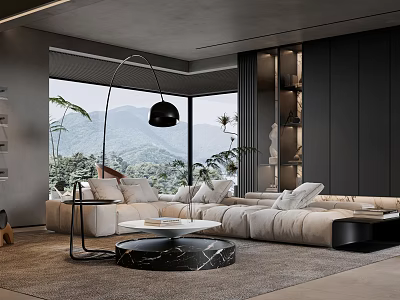 Modern Living Room With Beige Sofa Marble Coffee Table Mountain View And Large Windows 3d model