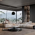 Modern Living Room With Beige Sofa Marble Coffee Table Mountain View And Large Windows