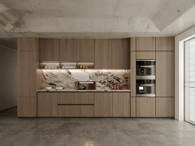 Modern Kitchen Interior With Wooden Cabinets Marble Countertop Built-in Ovens Concrete Ceiling And Gray Floor 3d model