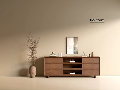 Wooden Console Table in Entryway with Decorative Items Vase Branches and Wall Art 3d model