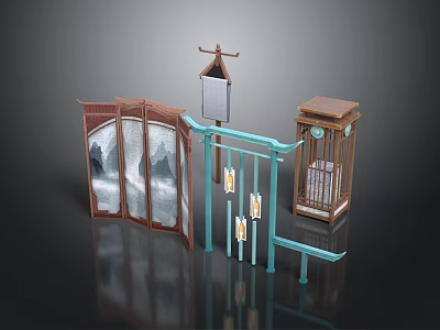 Traditional Chinese Decorative Scene With Folding Screen Birdcage Lanterns And Signboard 3d model