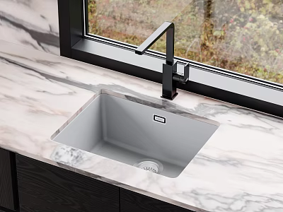 Stainless Steel Kitchen Sink With Black Faucet On Marble Countertop By Window 3d model