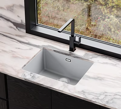 Stainless Steel Kitchen Sink With Black Faucet On Marble Countertop By Window 3d model