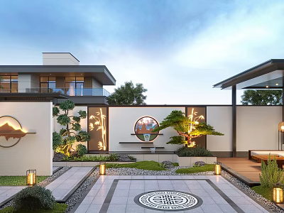 Modern Courtyard Garden Design with Stone Pathway Circular Floor Decor Green Plants and Lighting Lanterns 3d model