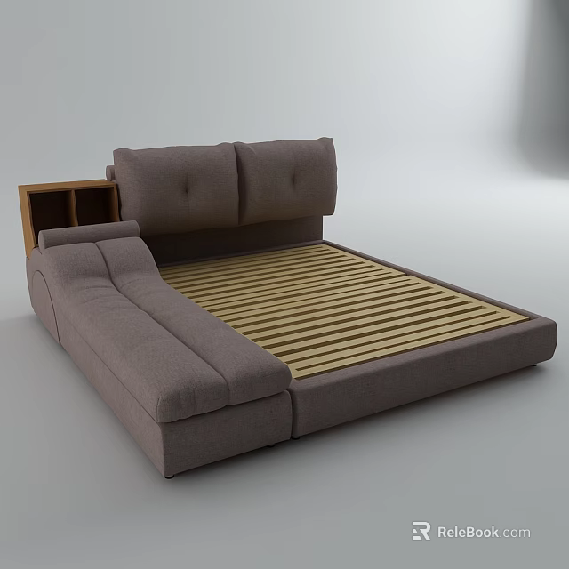 Modern Gray Upholstered Double Bed Design With Wooden Striped Bed Base And Side Storage Cabinet 3d model 