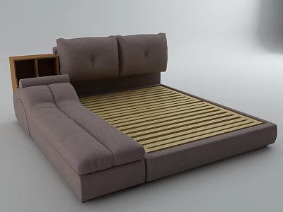 Modern Gray Upholstered Double Bed Design With Wooden Striped Bed Base And Side Storage Cabinet 3d model