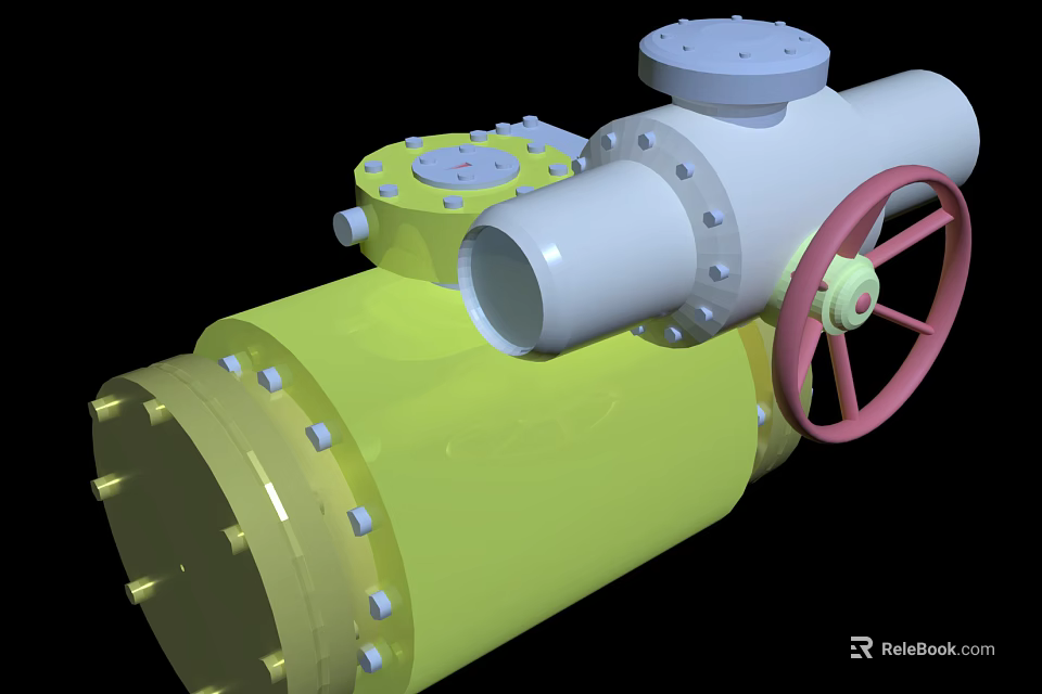 Heavy Duty Industrial Equipment with Yellow Cylindrical Body White Pipe Red Valve Handwheel and Flanges 3d model 