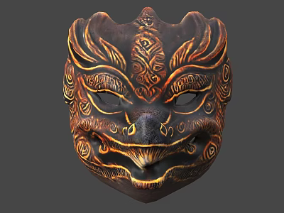 Traditional Decorative Mask With Intricate Gold Black Patterns And Mythical Motifs 3d model