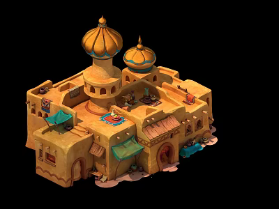 Cartoon Scene of Traditional Building with Golden Domes Yellow Walls Windows and Decorative Porch 3d model