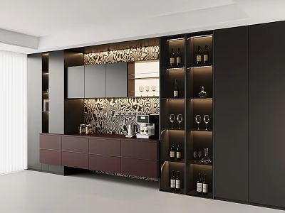 Modern Built in Wine Cabinet with Dark Wood Design Wine Bottles and Glasses 3d model