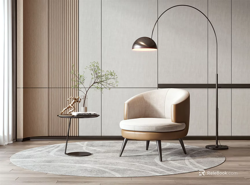 Modern Beige Single Sofa with Round Side Table Plant Floor Lamp and Gray Round Rug 3d model 