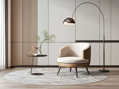 Modern Beige Single Sofa with Round Side Table Plant Floor Lamp and Gray Round Rug 3d model