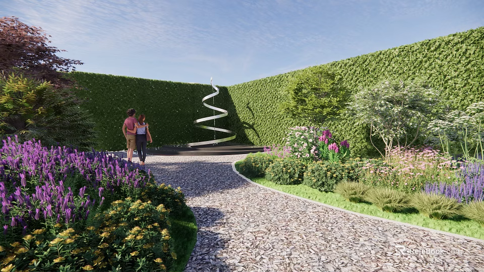 Garden Landscape With Green Hedge Walls Spiral Sculpture Pebble Path And Colorful Flowers 3d model 