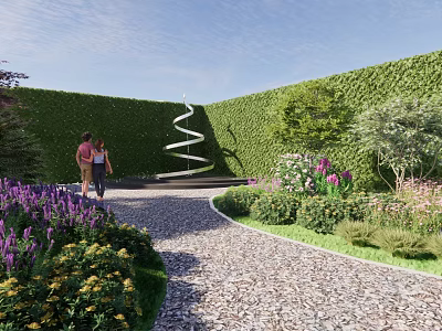 Garden Landscape With Green Hedge Walls Spiral Sculpture Pebble Path And Colorful Flowers 3d model