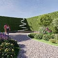Garden Landscape With Green Hedge Walls Spiral Sculpture Pebble Path And Colorful Flowers