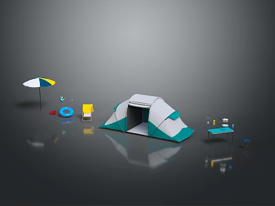Camping Furniture Setup With Tent Umbrella Folding Chair And Table 3d model