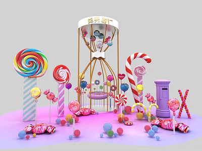 Colorful Candy Factory Commercial Equipment With Carousel Display And Lollipop Decorations 3d model