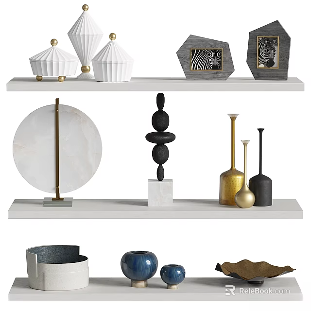 Elegant Modern Decorative Ornament Collection With Marble Circular Plate Stacked Stones And Metal Vases 3d model 