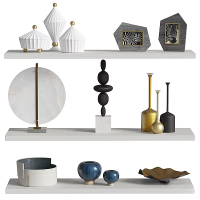 Elegant Modern Decorative Ornament Collection With Marble Circular Plate Stacked Stones And Metal Vases 3d model