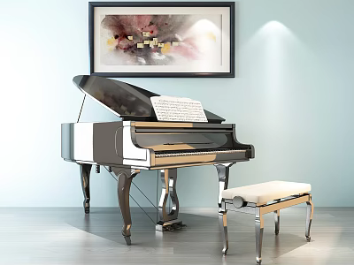 Elegant Room Featuring Piano and Wall Painting with Music Sheet and Stool 3d model Elegant Room Featuring Piano and Wall Painting with Music Sheet and Stool 3d model