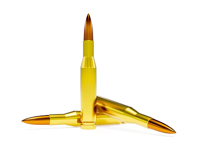Three Shiny Golden Bullets As Weapon In Triangular Arrangement On White Background 3d model
