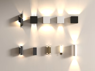 Various Wall Lamps With Different Designs Mounted On Light Wall In Black White Metallic Colors 3d model