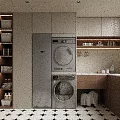 Modern Laundry Room With Washer Dryer Cabinets Sink Storage Shelves And Black White Tile Floor