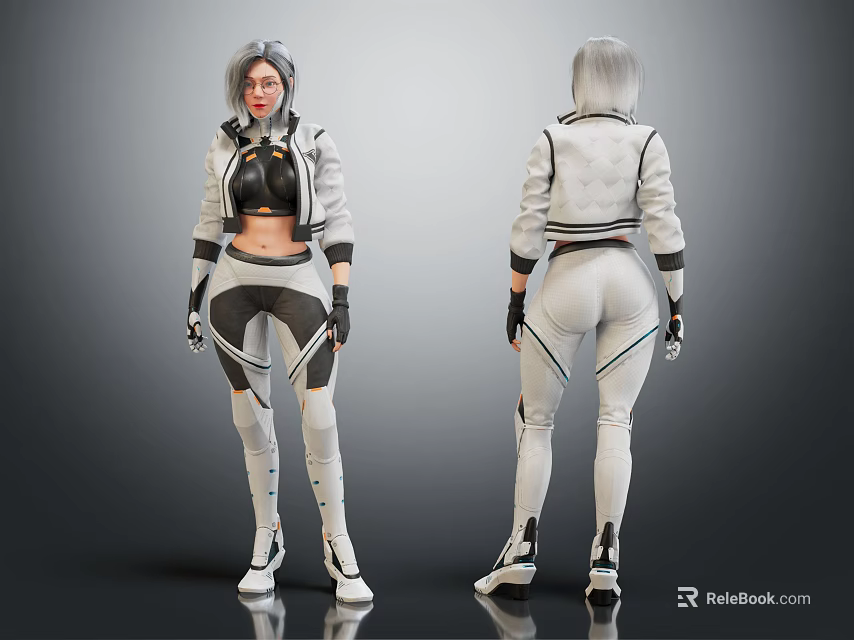 Sci Fi Character Design With White Black Futuristic Outfit Gray Short Hair Front Back Views 3d model