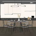 Modern Open Concept Restaurant Interior With Dining Table Chairs Pendant Lights And Cabinets 3d model