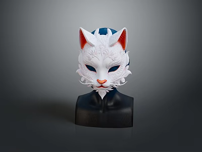 White Cat Themed Mask With Red Ears And Intricate Patterns On Black Base 3d model