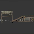 Rustic Wooden Structure With Canvas Cover And Ramp Walkway Near Stones